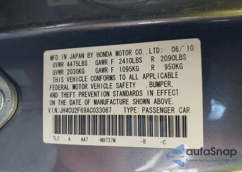 2010 Acura Tsx from USA, damaged, VIN JH4CU2F69AC033067